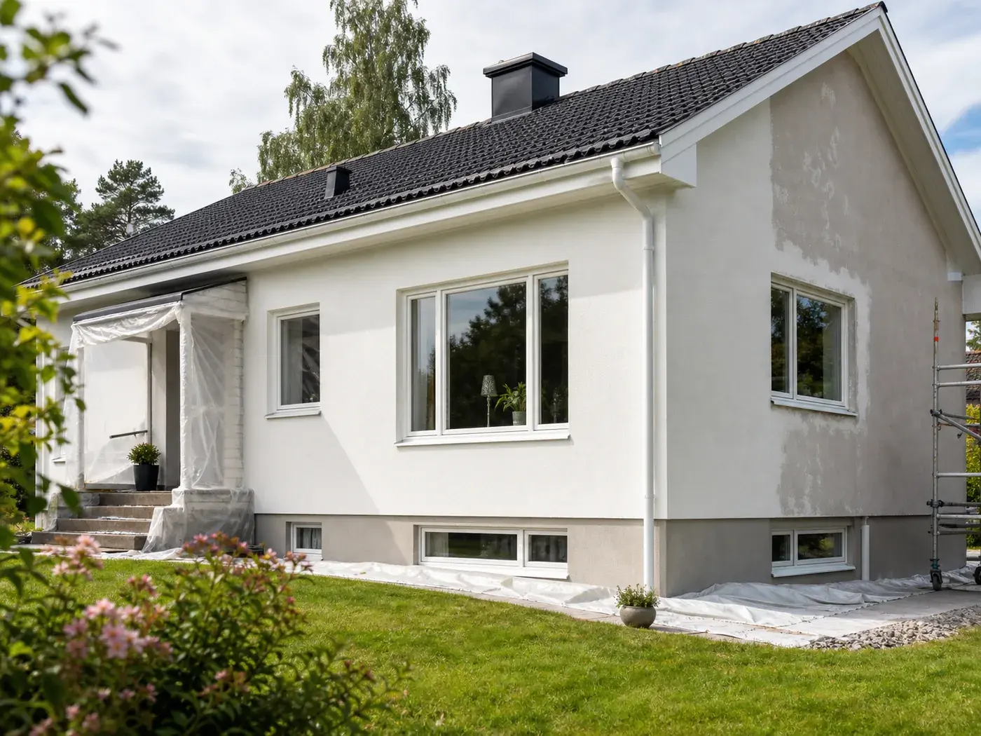 Villa med putsfasad under renovering.