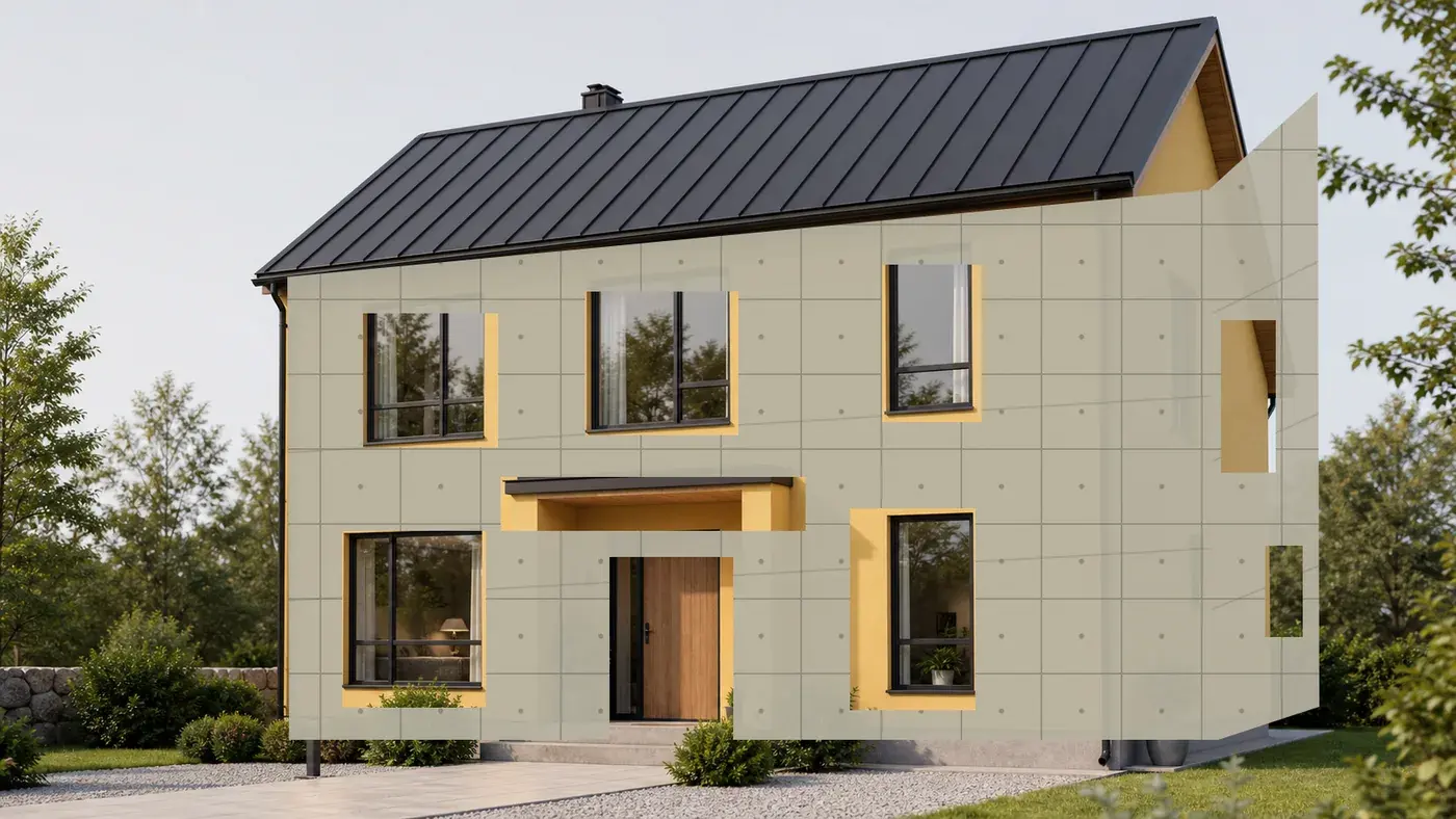Villa där putsfasaden byggs upp från underlag till färdig gul fasad.